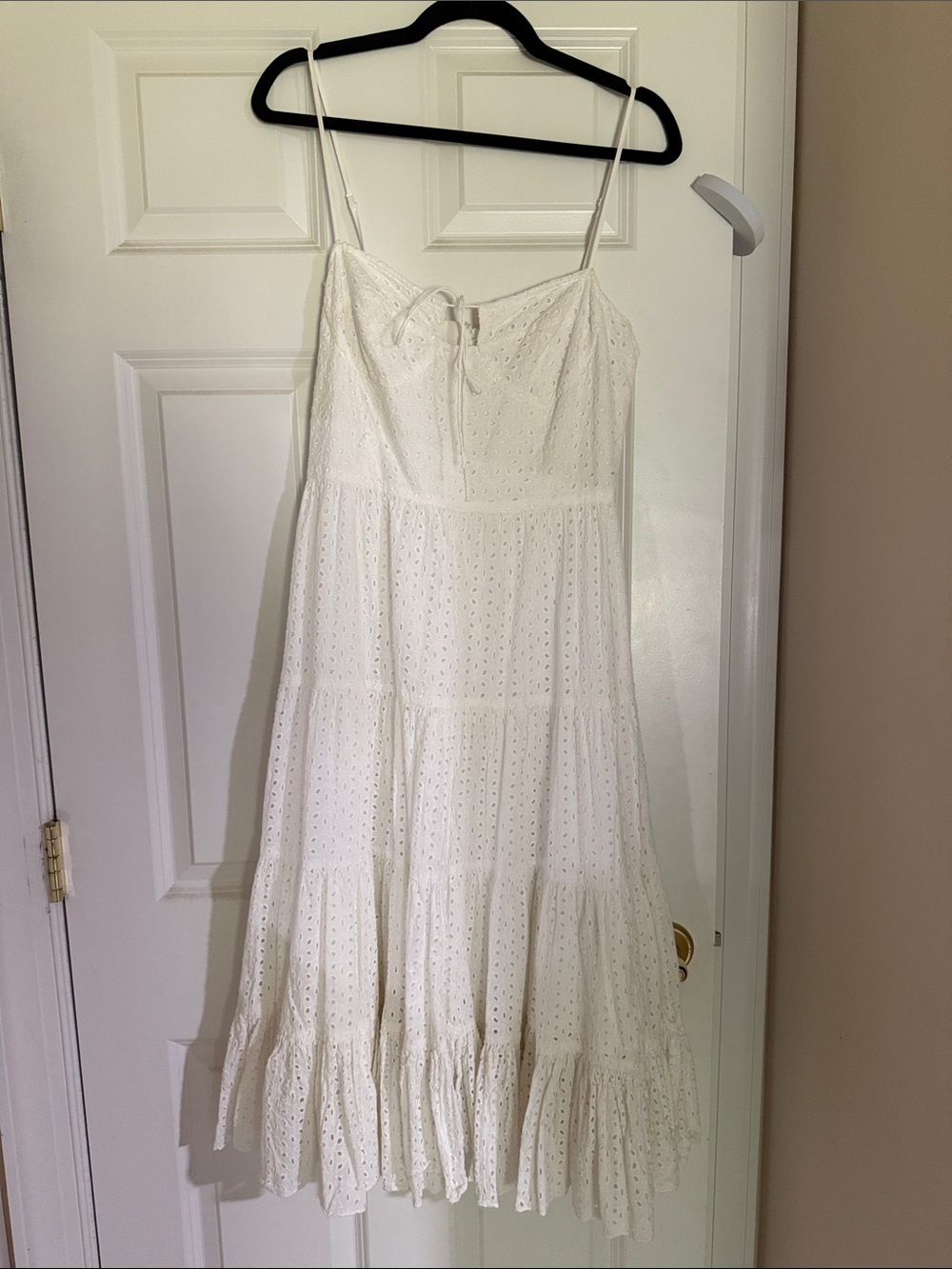 Wayf White Eyelet Tiered Midi Dress with Spaghetti Straps